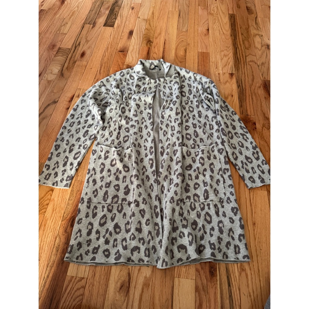 G by Giuliana Grey Leopard Open Front Duster Cardigan Sweater Womens Medium